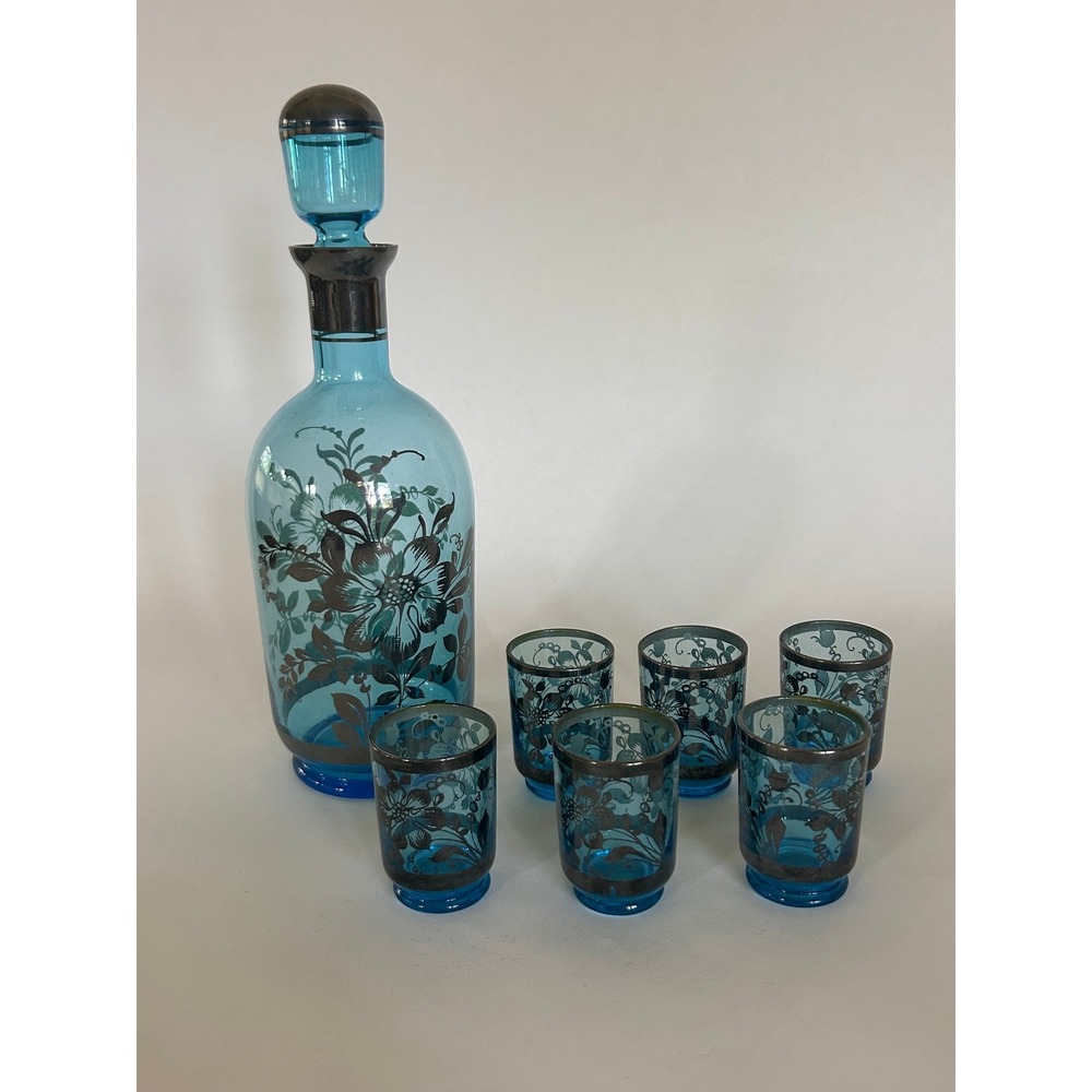 Vintage Murano Blue Art Glass Decanter 6 Shot Glasses Set Floral MCM